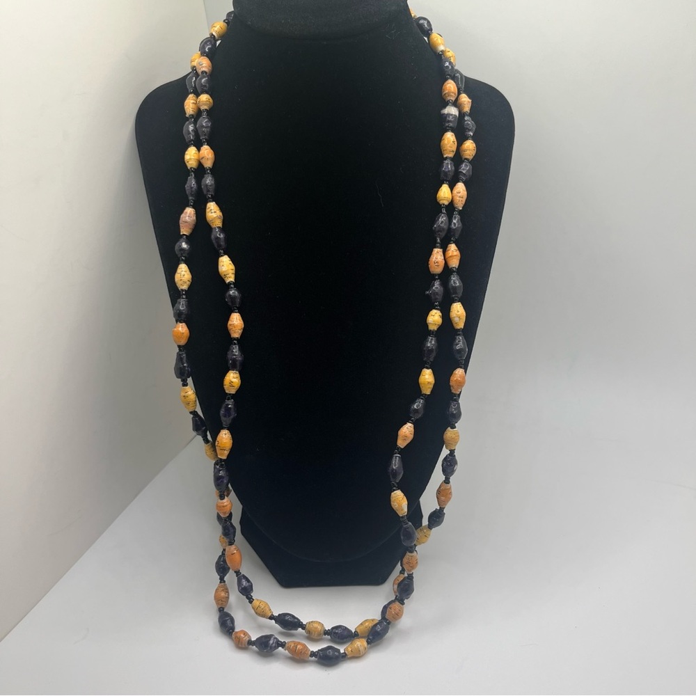 Boho Paper Bead Necklace Long Double Strand Handmade Tribal Style Earth Tone